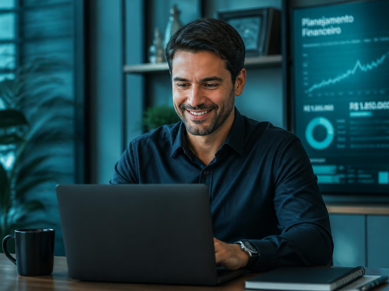 Consultor financeiro trabalhando em seu notebook
